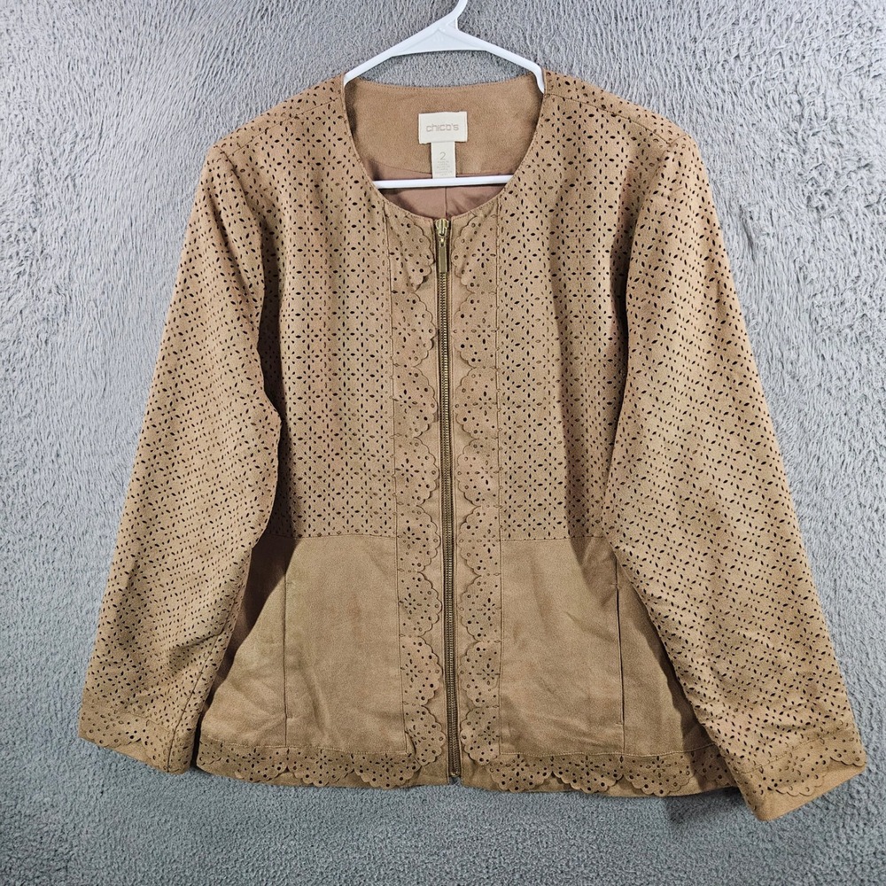 Chicos Faux Suede Laser Cut Perforated Zip Jacket Tan Scalloped Trim Size 2 L